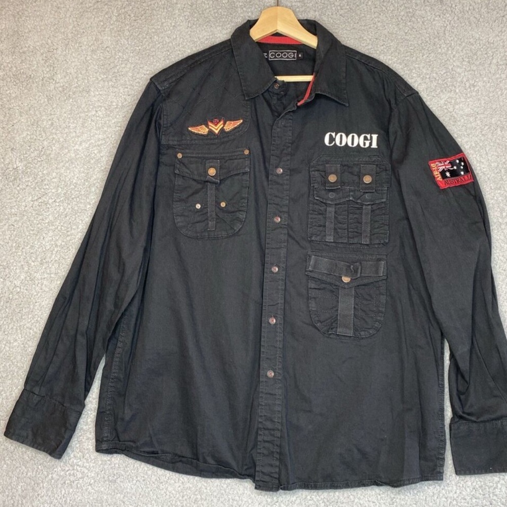COOGI Australia Air-16 Military Button-Down Shirt XL Men's Black Long Sleeve